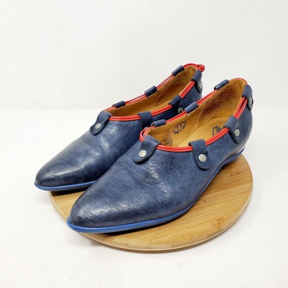 John Fluevog Vigor Shoes Womens 7.5 Slip On Blue Red Power Up Stud Lacing Flats - Picture 6 of 11